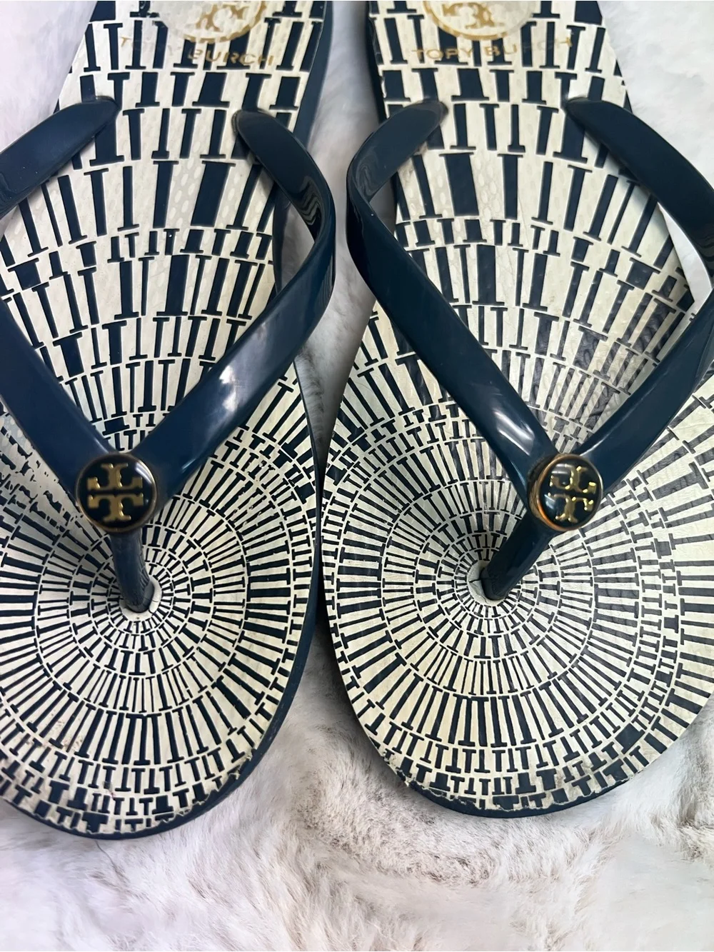 Tory Burch Navy and White Printed Logo Flip Flop Sandals